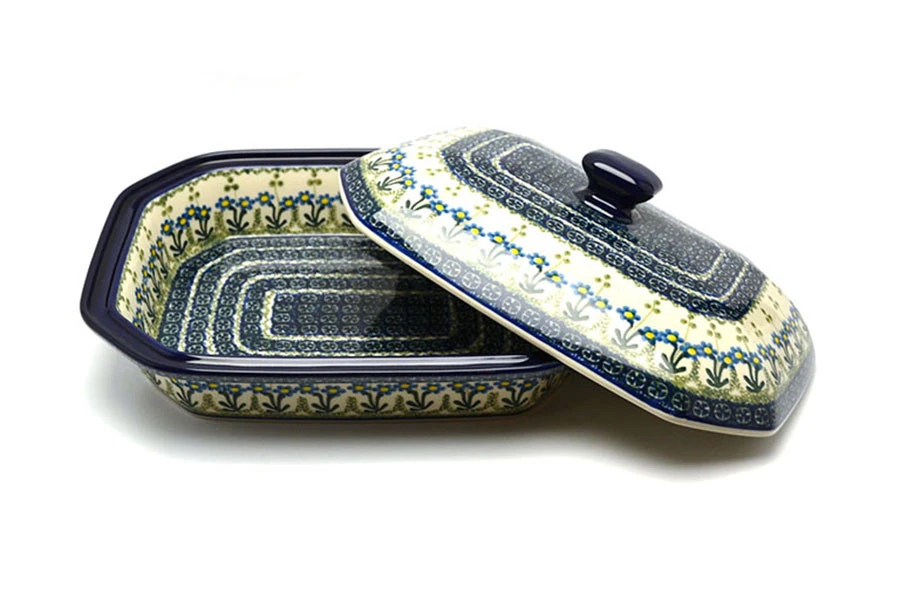 Polish Pottery Baker - Rectangular Covered - Large - Blue Spring Daisy