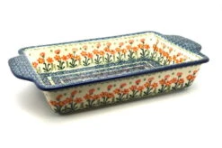 Polish Pottery Baker - Rectangular With Tab Handles - 7 Cups - Peach Spring Daisy
