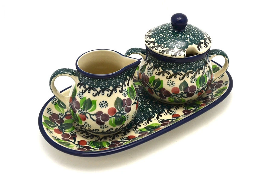 Polish Pottery Cream & Sugar Set - Burgundy Berry Green