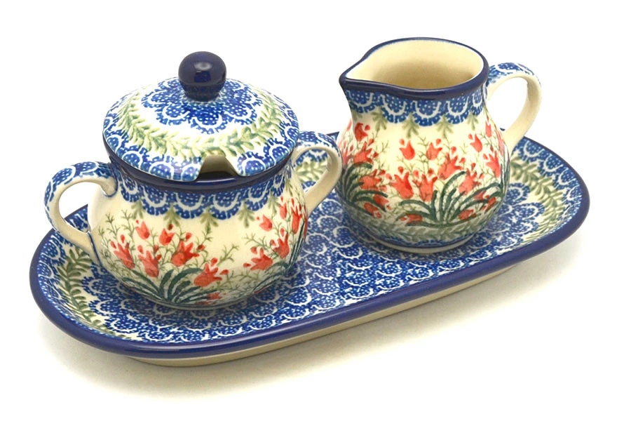 Polish Pottery Cream & Sugar Set - Crimson Bells