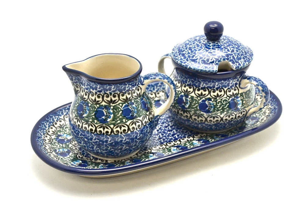 Polish Pottery Cream & Sugar Set - Peacock Feather
