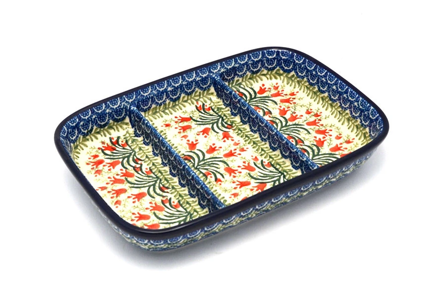 Polish Pottery Dish - Divided Rectangular - Crimson Bells