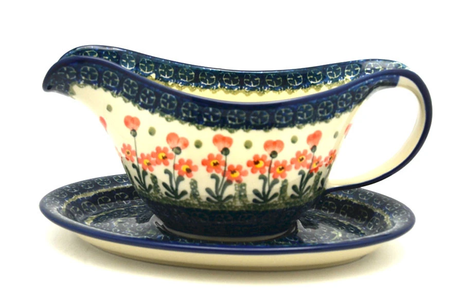 Polish Pottery Gravy Boat - Peach Spring Daisy