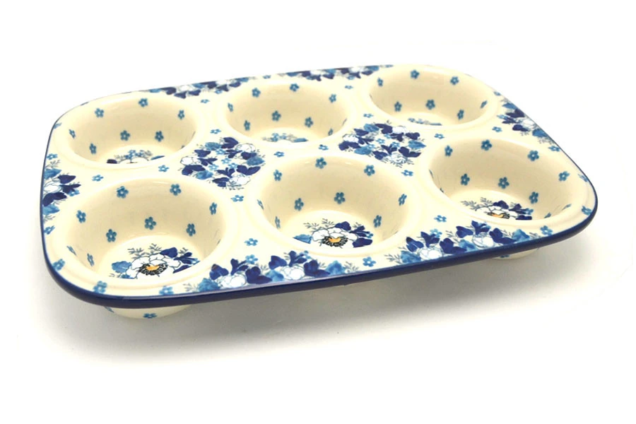 Polish Pottery Muffin Pan - White Poppy